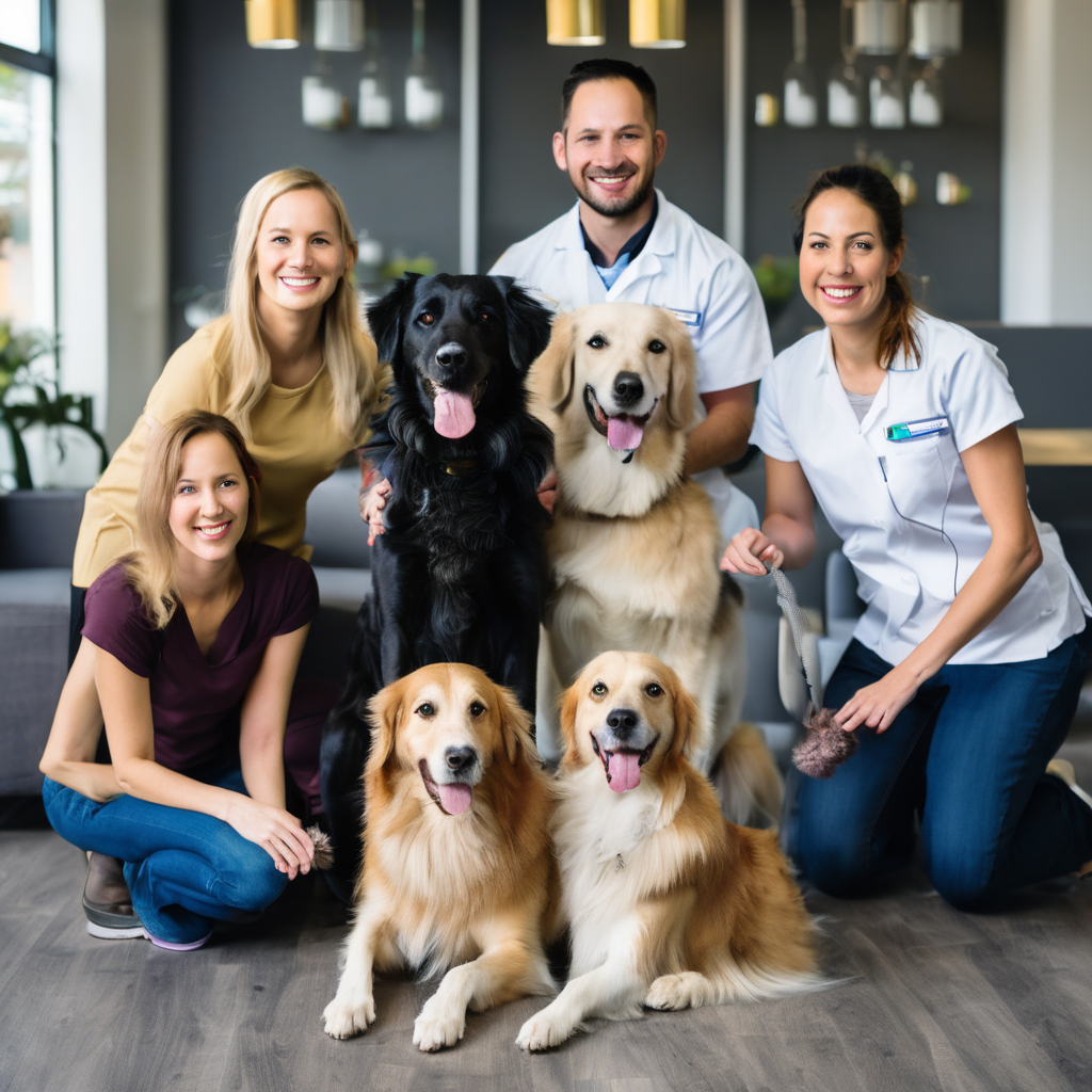 Community pet care team members with dogs showing genuine care and connection