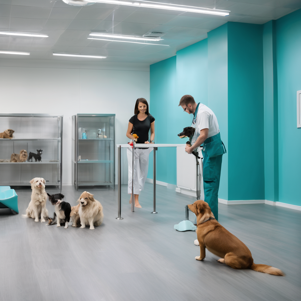 Pet care professionals demonstrating standards with dogs, trustworthy environment