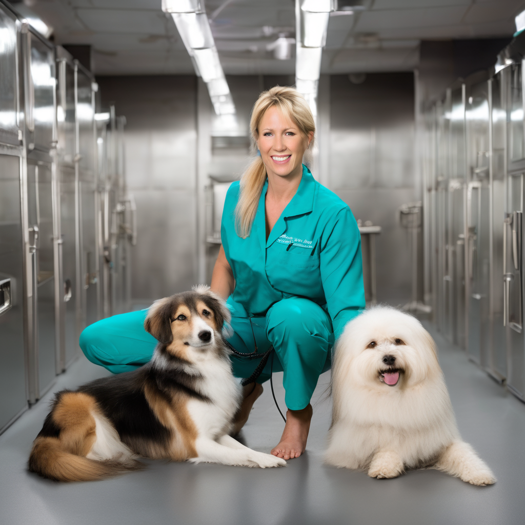 Professional pet care services showcasing trained handlers with well-groomed dogs in modern facility