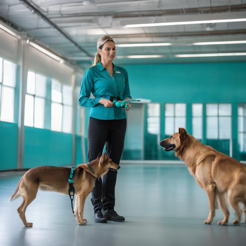 Professional dog trainer in modern training facility working one-on-one with attentive dog on obedience and behavioral training exercise